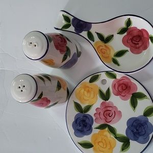 Flora di Roma 4pc.Range Set Earthenware,Handpainted Floral,EUC.